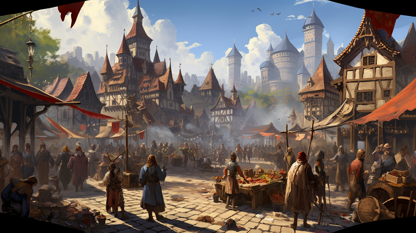 Gothic Market Scene with Townsfolk and Flags