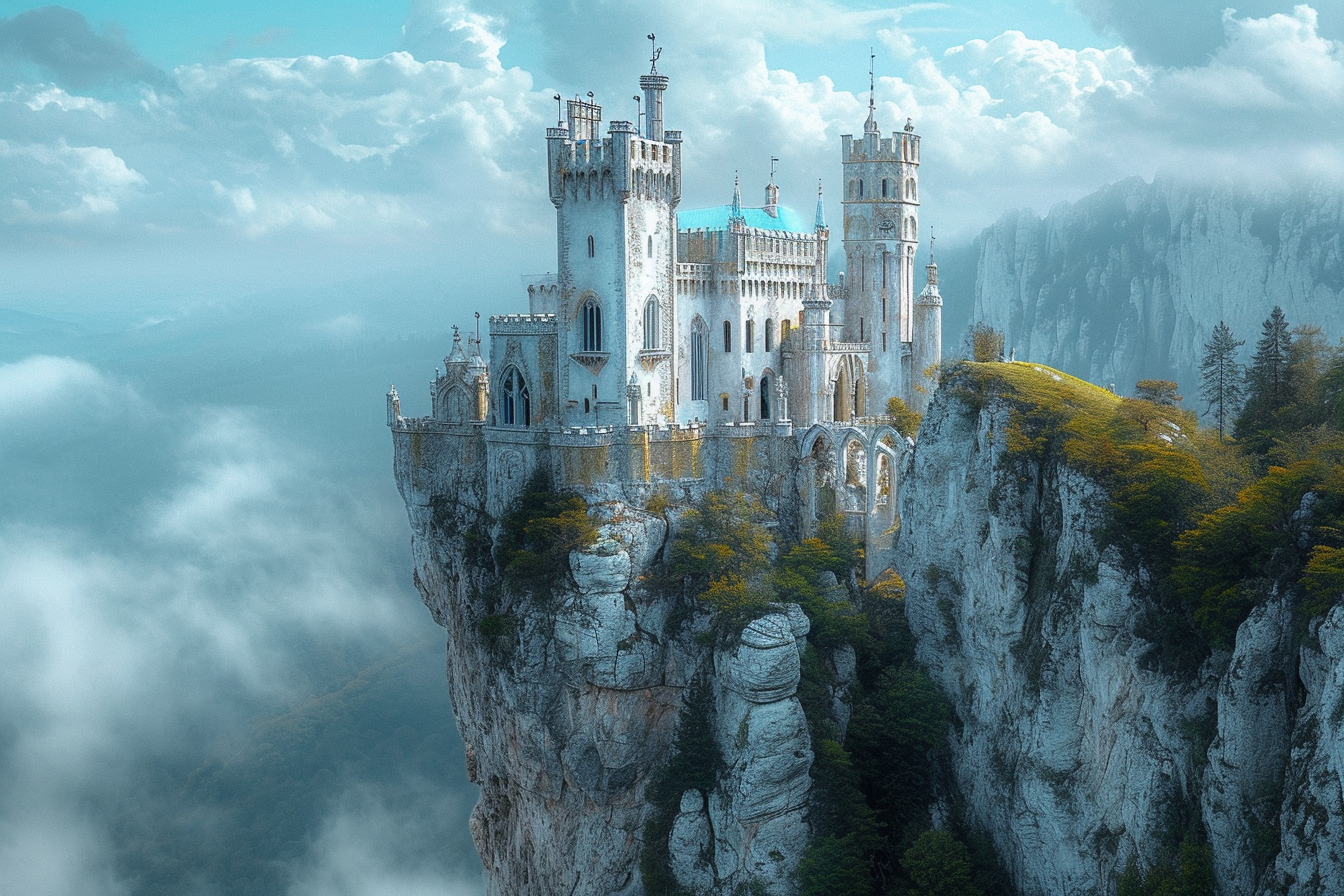 Medieval porcelain castle on cliff with alpine mountains