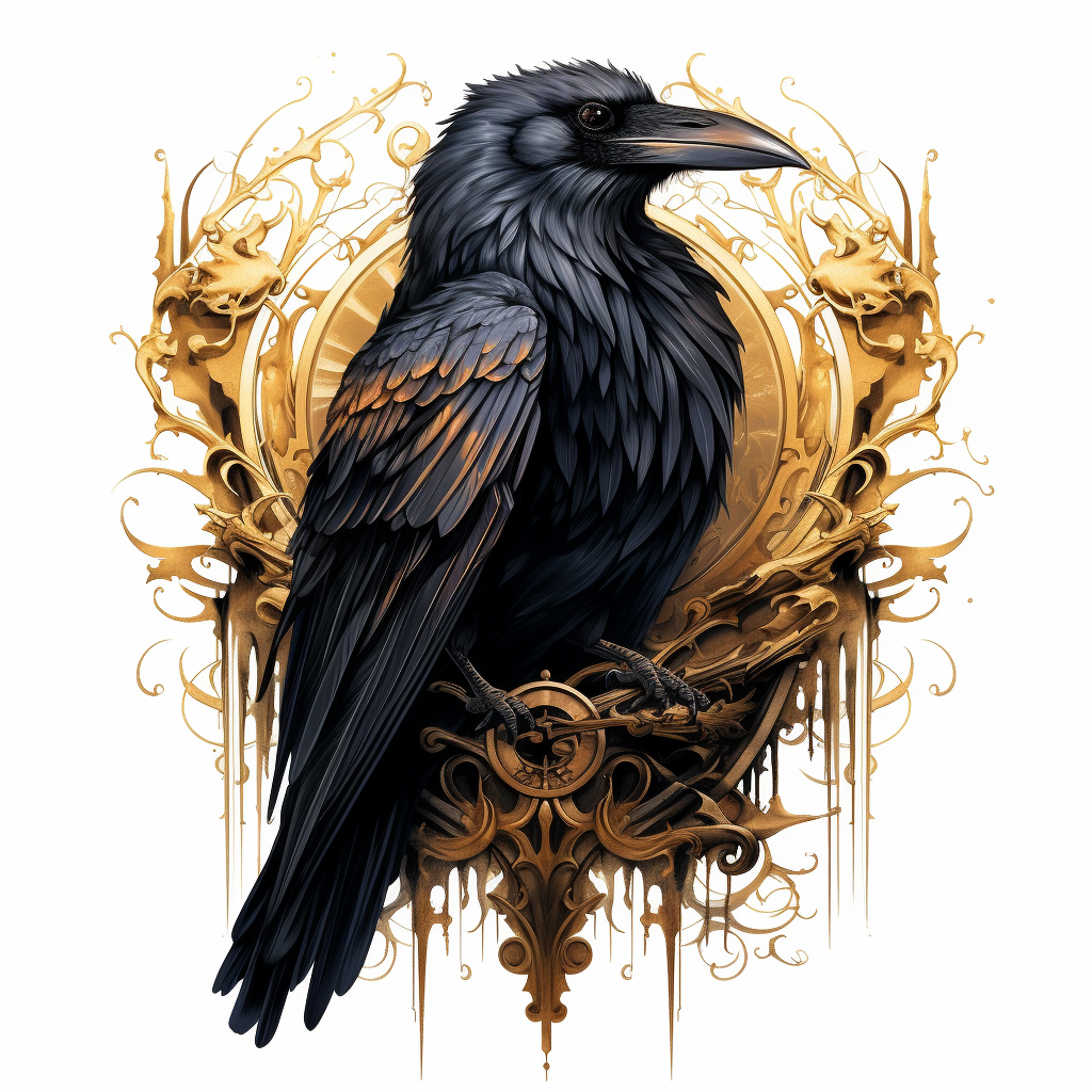 Crow illustration with gothic golden details