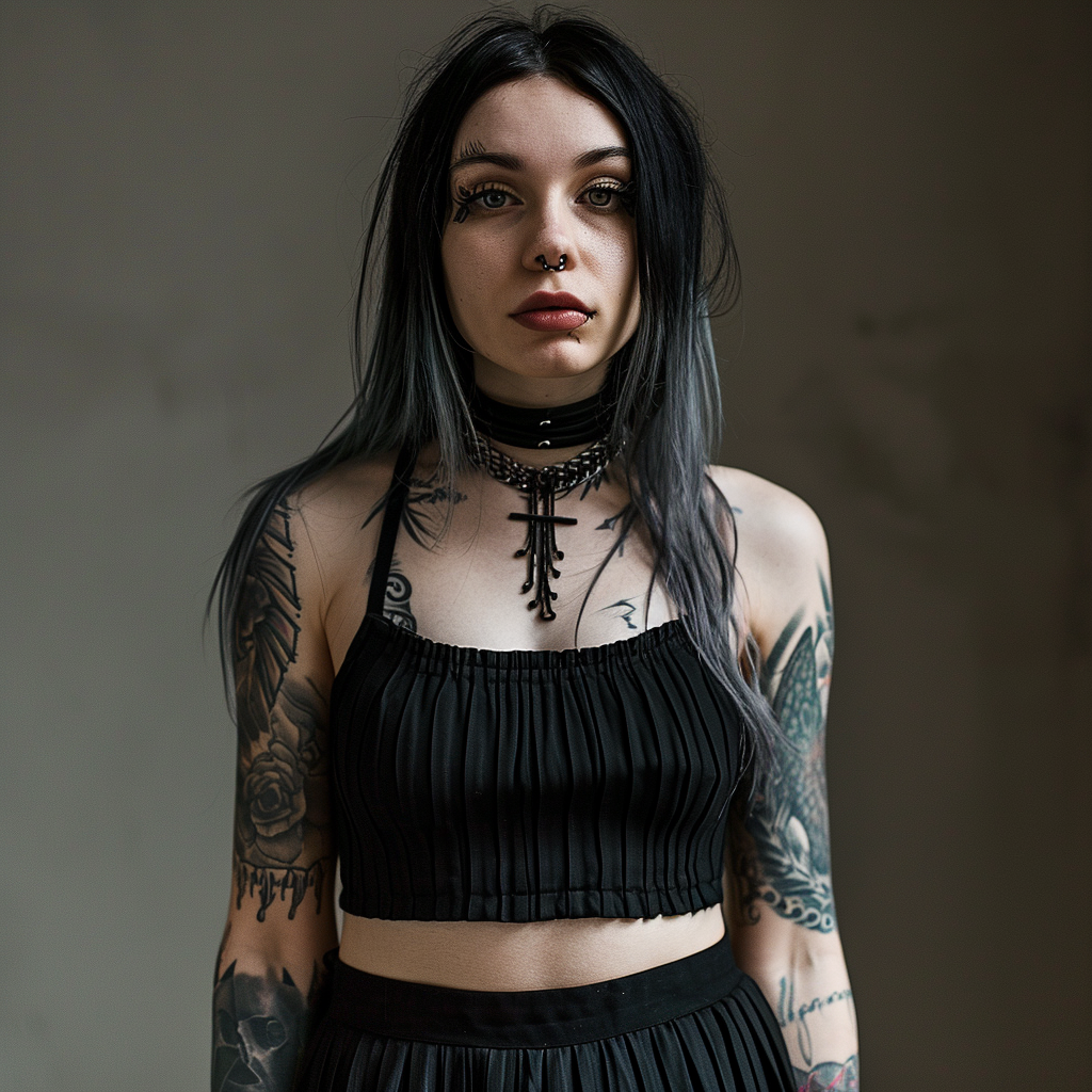 Image of a flirtatious gothic tattood girl in pleated skirt