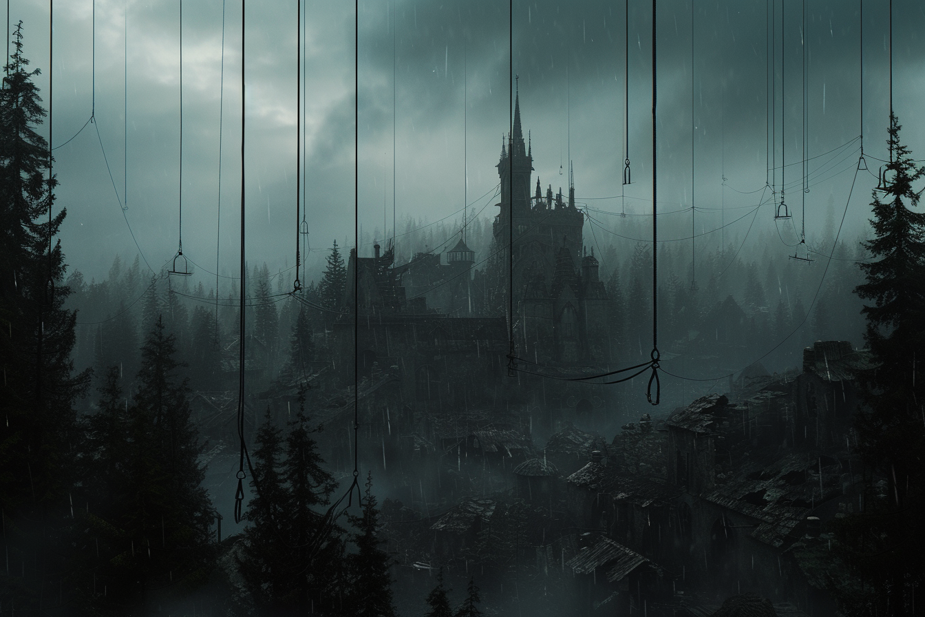 Gothic town hanging from strings in eerie forest