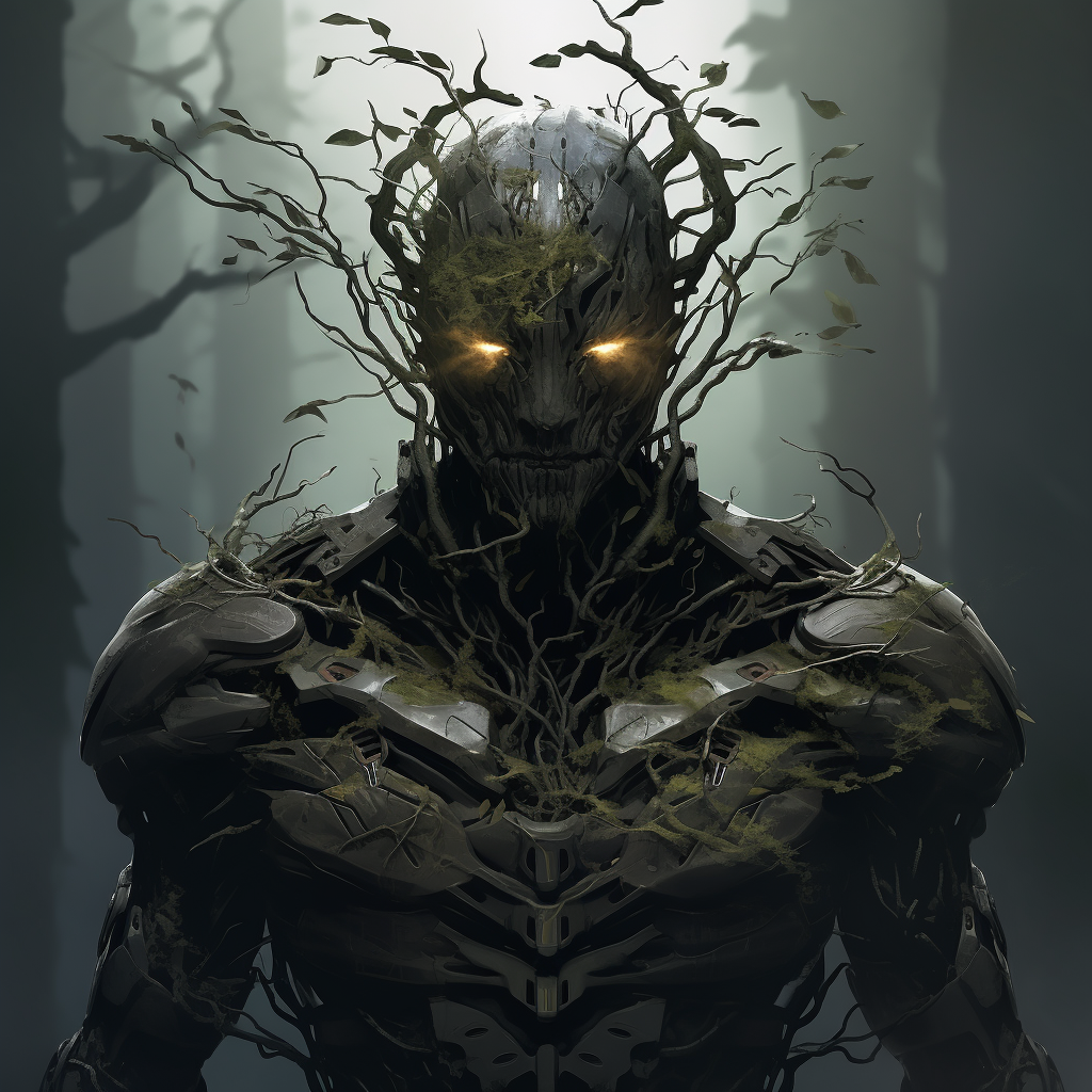 Half Gothic tree, half human soldier with tactical helmet made of leaves