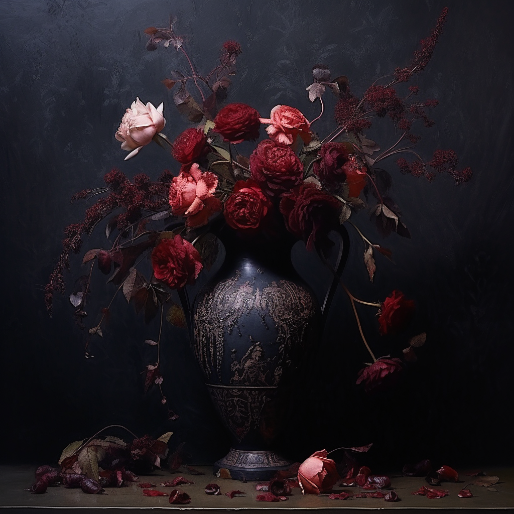 Dark Gothic Vase with Dry Red Flowers