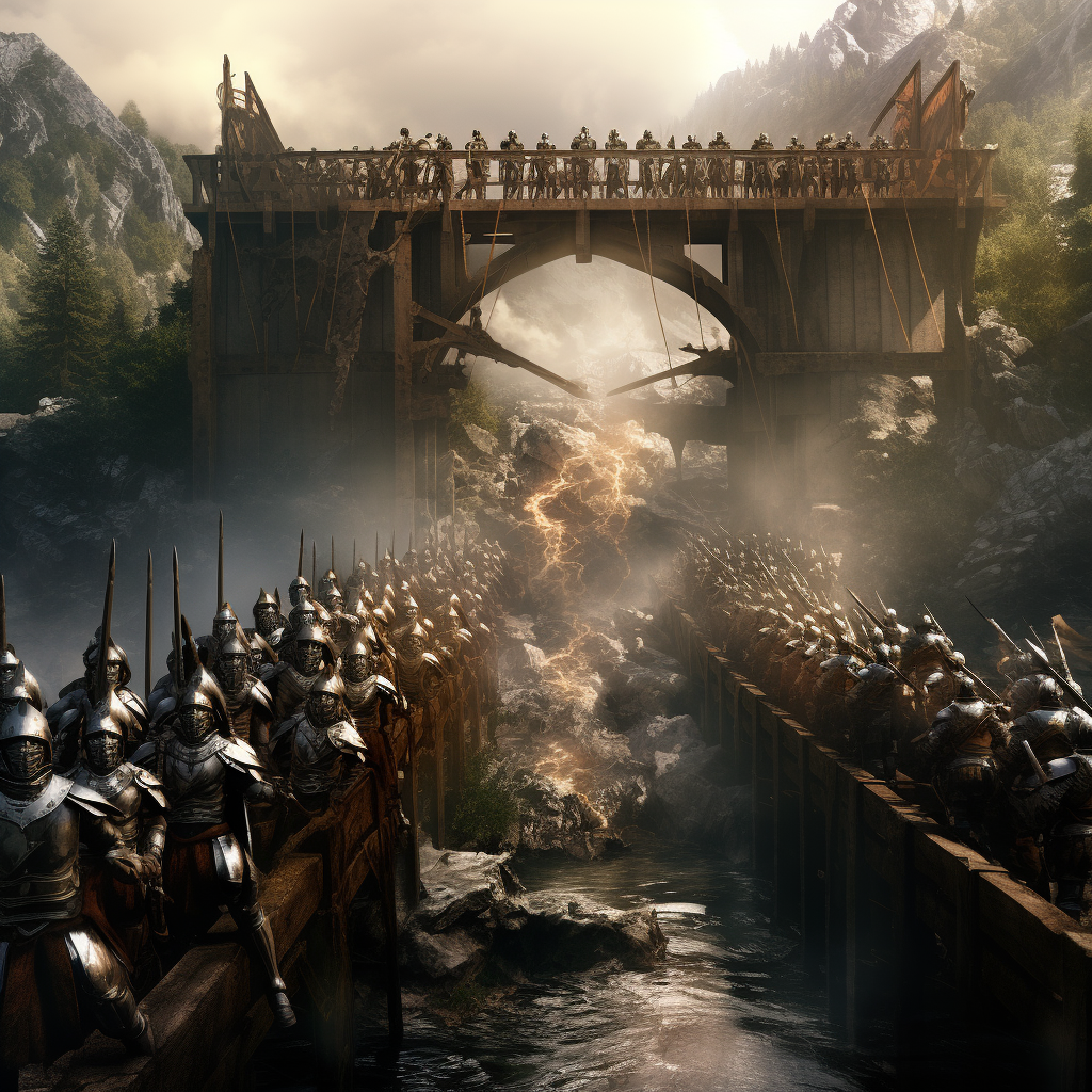 Gothic knights in epic battle crossing bridge