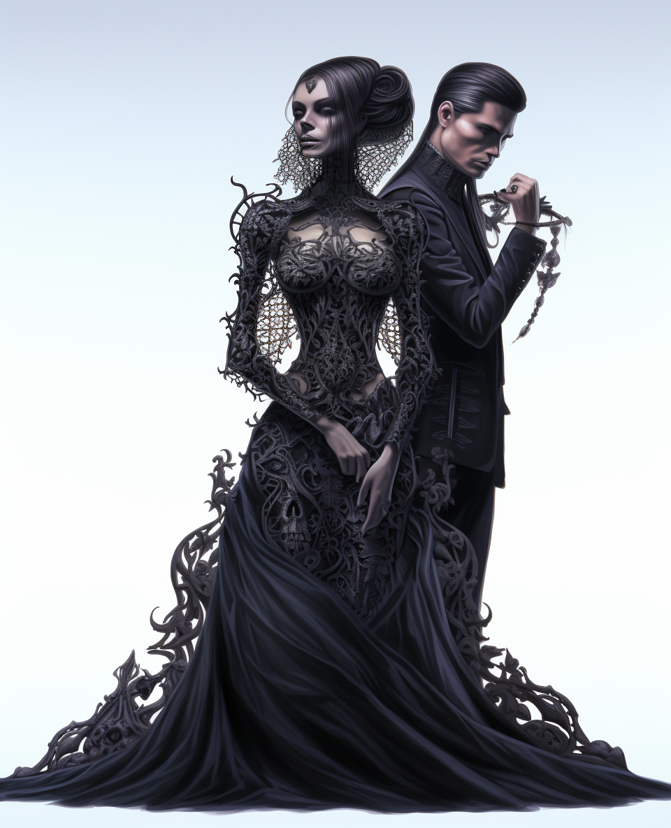 Beautiful Gothic Woman in Dress near Death Skull Crescent Moon