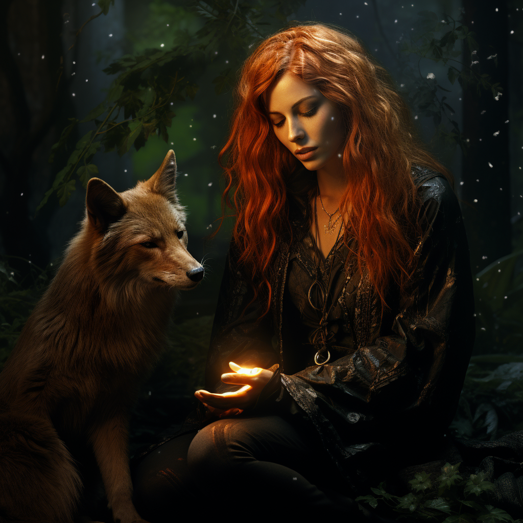 Gothic woman petting a fox in dark forest