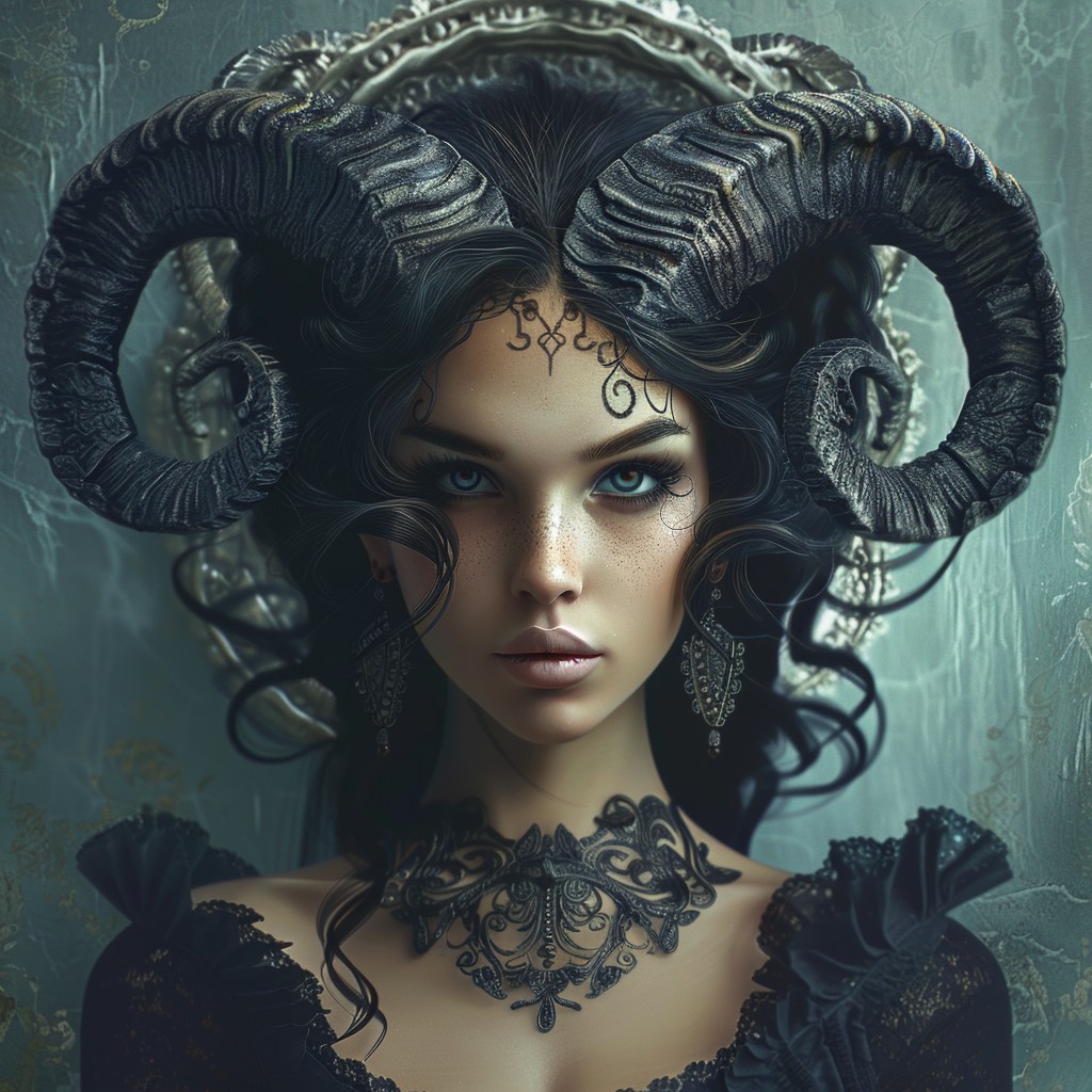 Woman with dark gothic ram horns