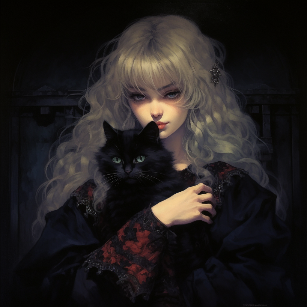 Gothic Anime Woman with Cat