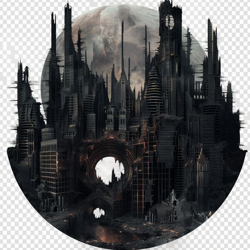 Gothic city symbol with dark skyscrapers and monstrous statues