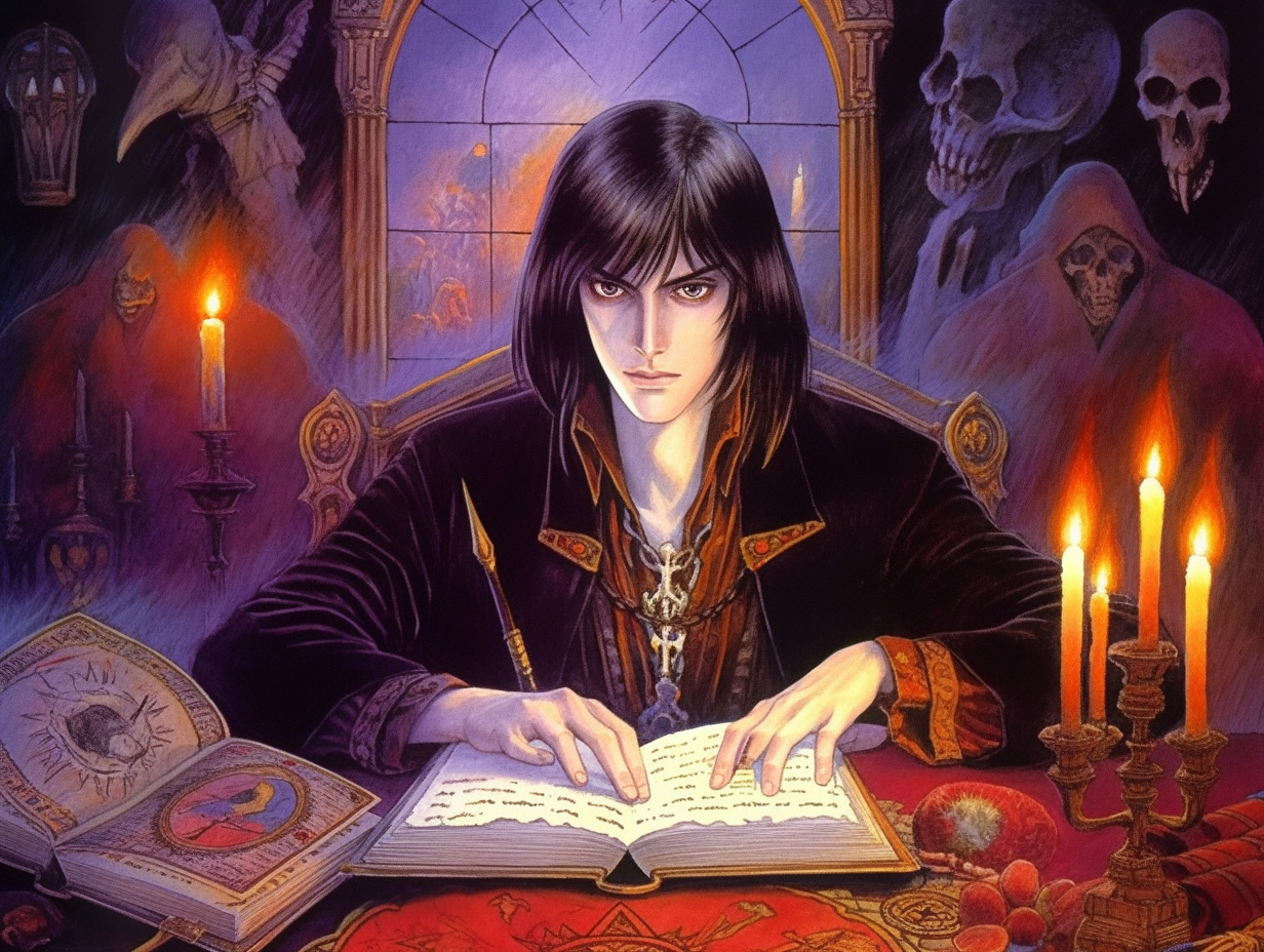 Fair vampire summoning demon in gothic scene