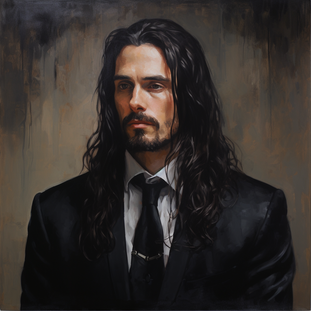 Oil painting of a gothic man with long black hair