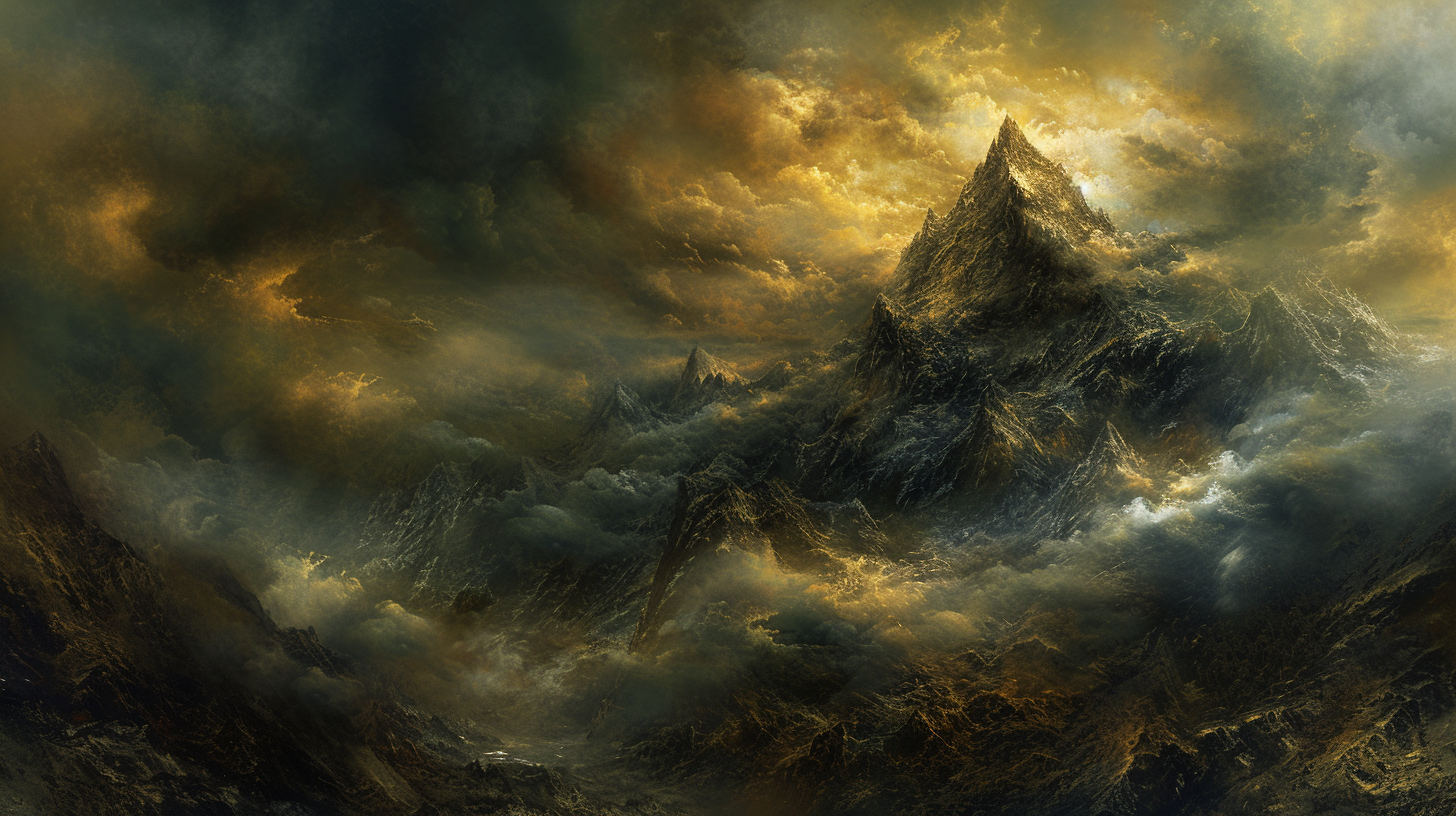 Gothic mountain painting with cloudy skies