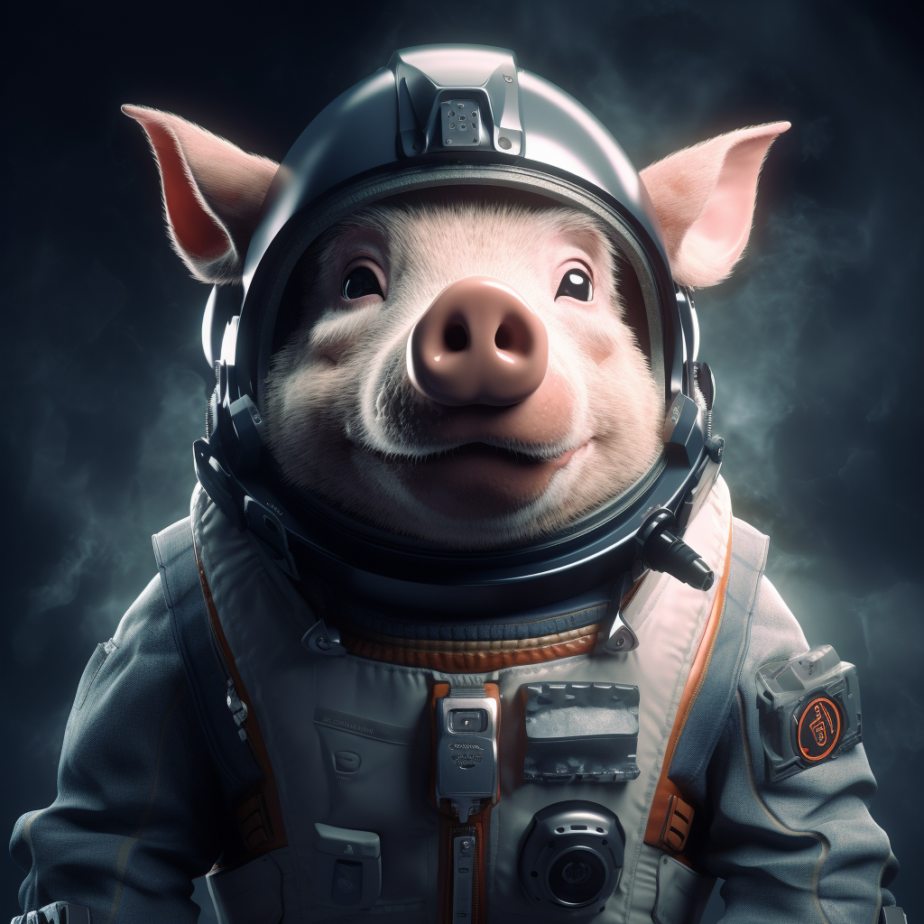 Gothic pig with surprised expression in astronaut clothing