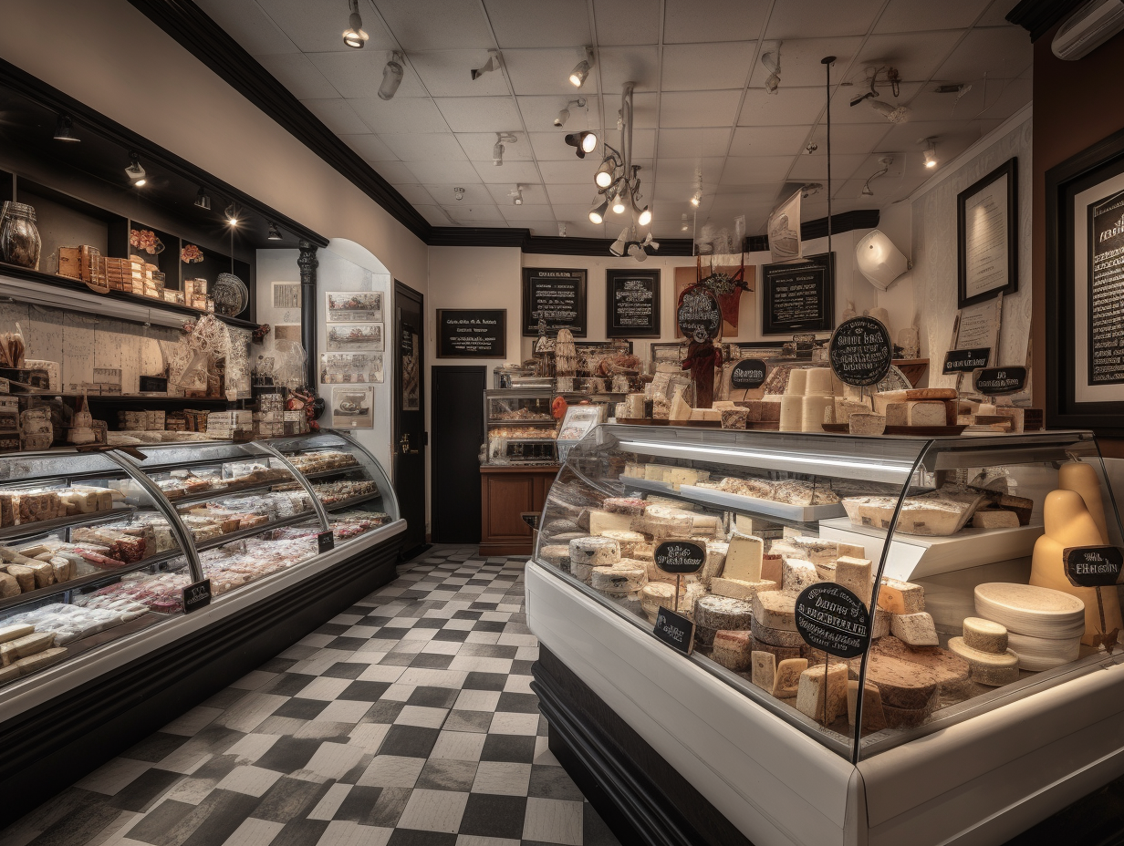 Inside view of gourmet cheese and meat store