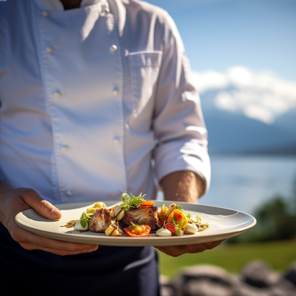 Chef serving gourmet plates in nature