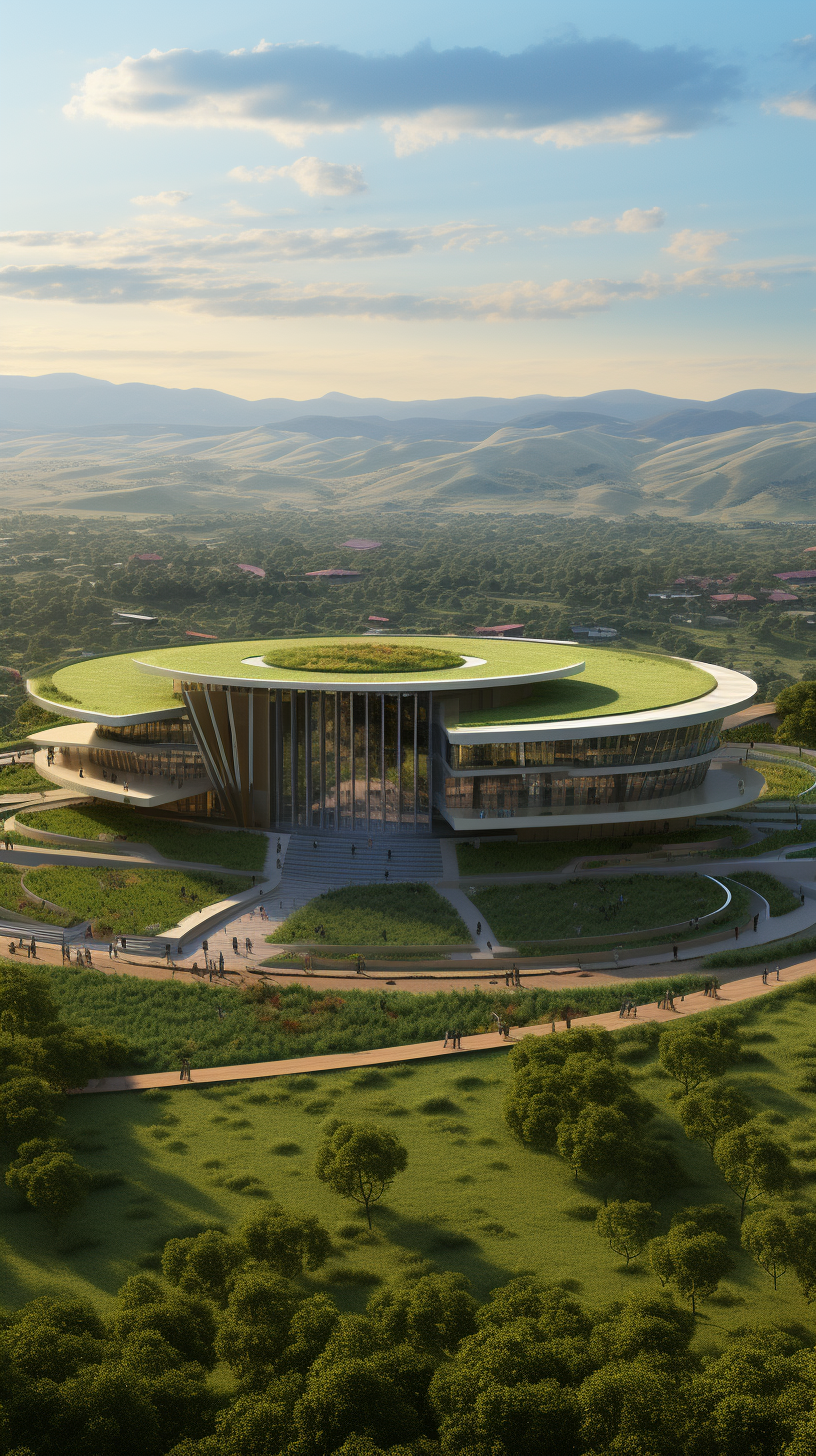 Realistic view of Eswatini government building surrounded by grass