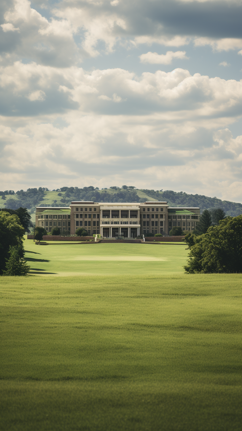 Government building in Eswatini surrounded by green field