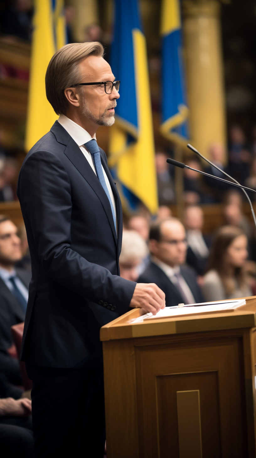 Swedish head of government giving speech