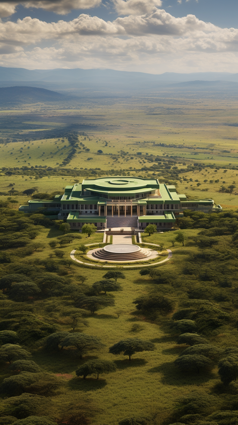 Government Building in Eswatini surrounded by green fields and trees