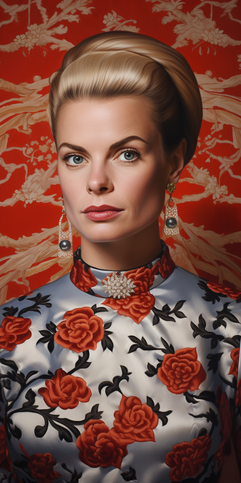 Oil painting of Grace Kelly in Kehinde Wiley style