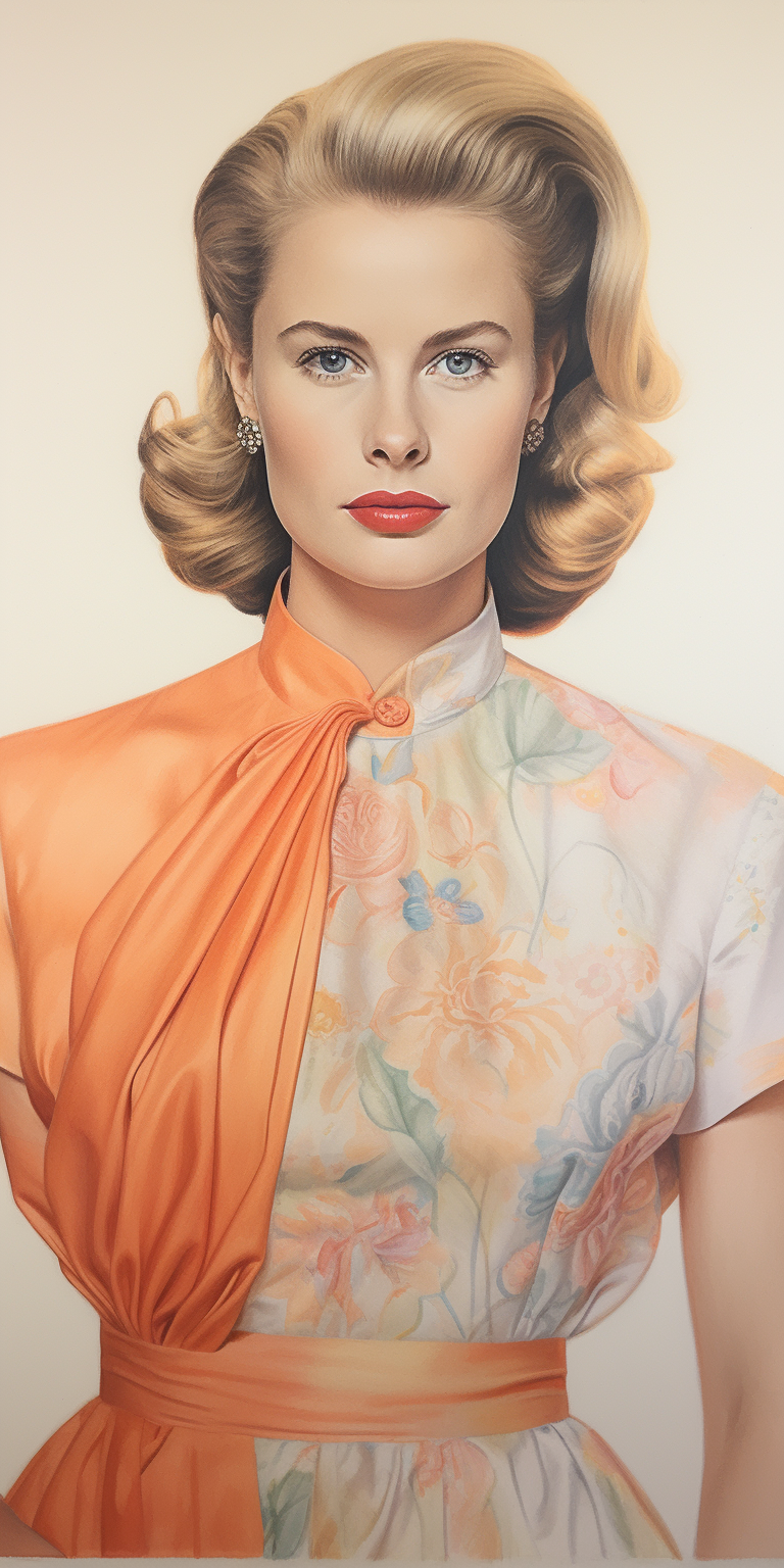 Colored pencil portrait of Grace Kelly with layered hues