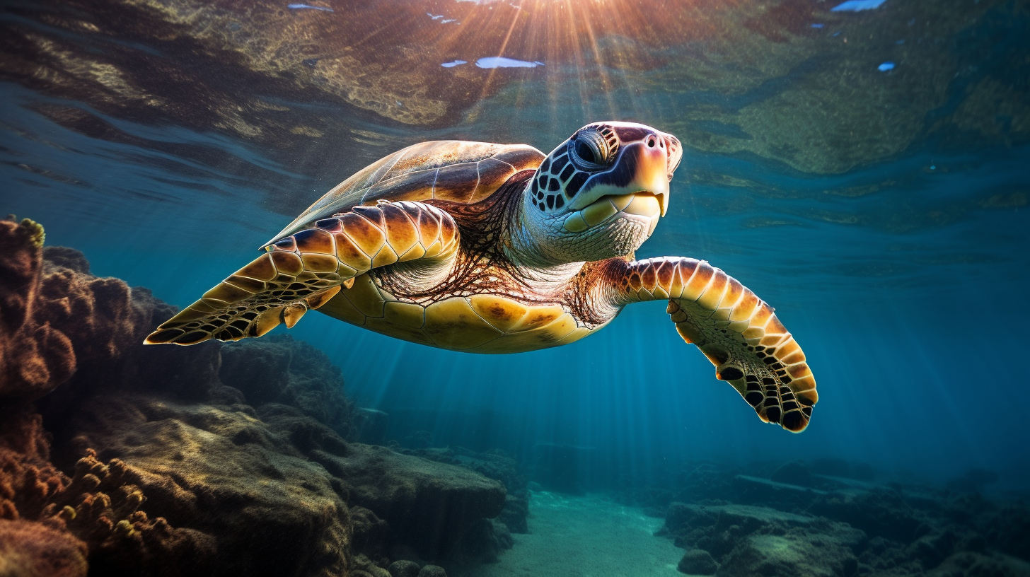 Turtle ascending through radiant underwater sunlight