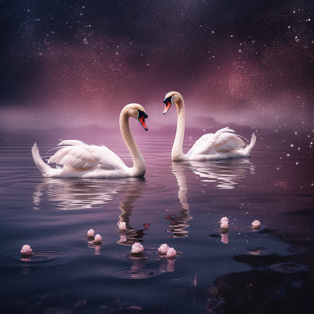 Four beautiful swans swimming in a serene lake