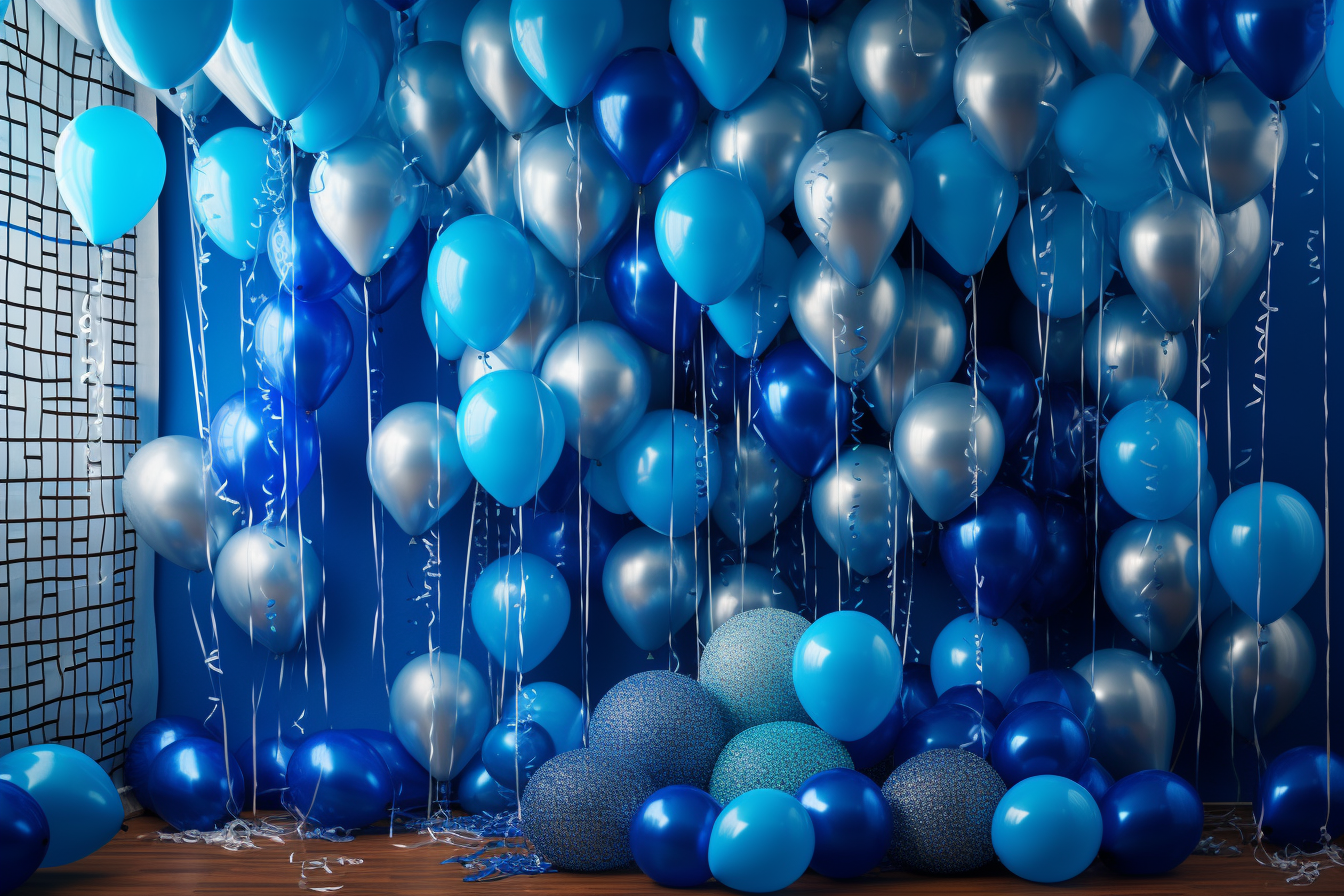 Graduation wall with blue and silver balloons