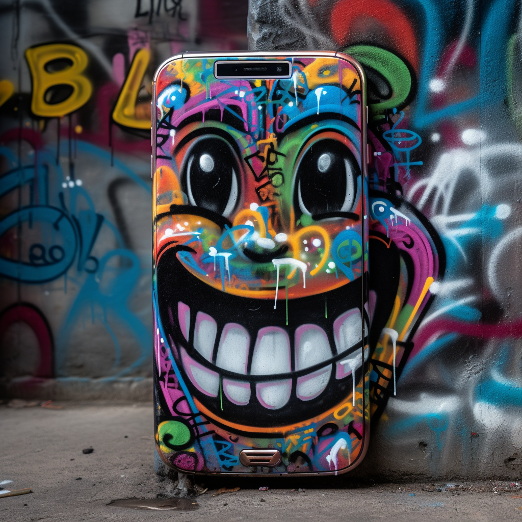 Colorful graffiti art of a manic smiling face