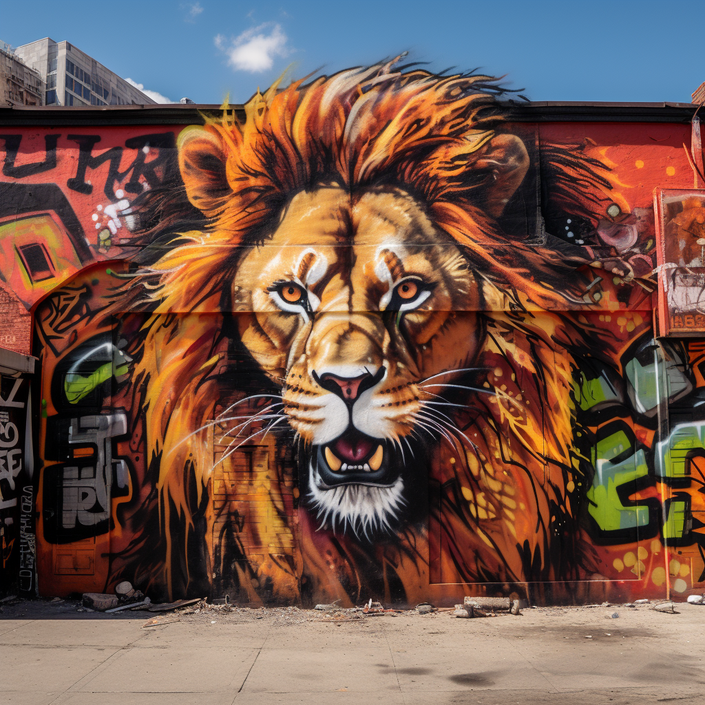 Colorful graffiti lion in bustling city