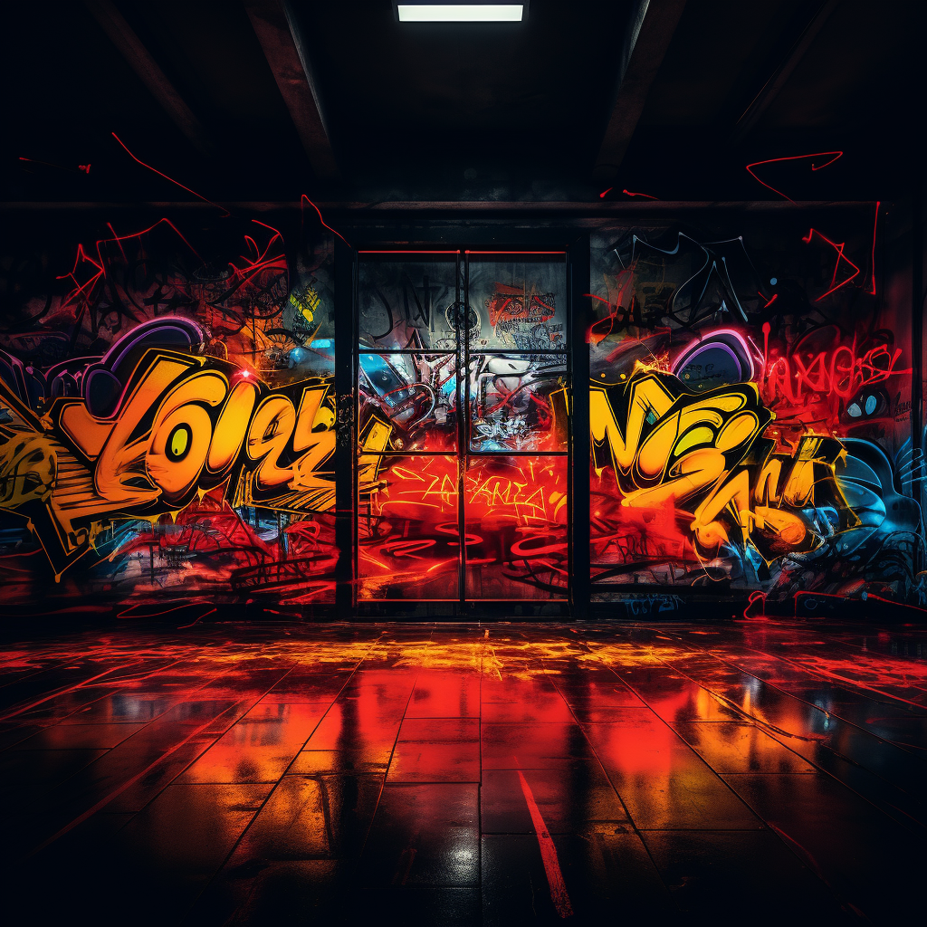 Neon graffiti in red, yellow, orange, darkness, black