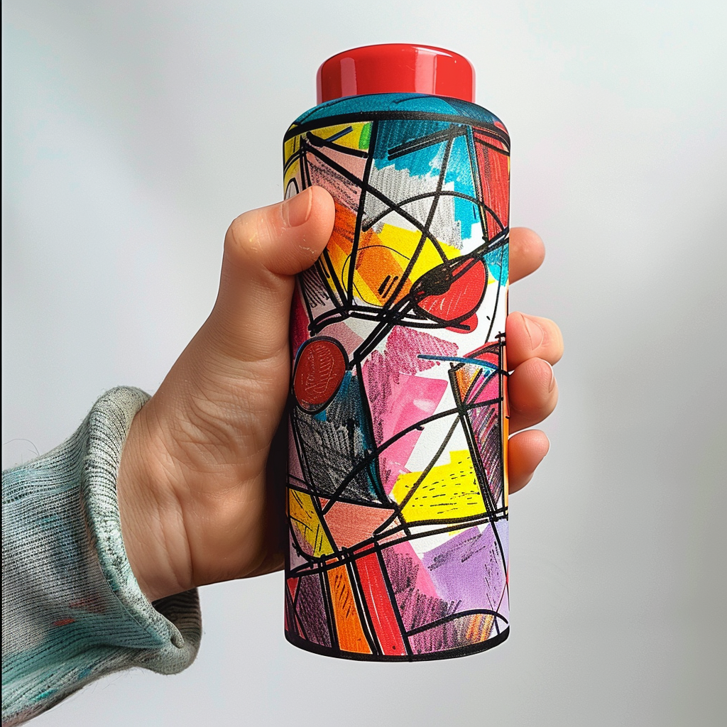 Child holding graffiti covered cylinder