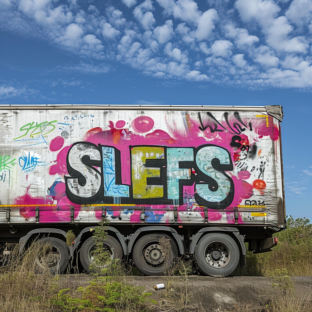 Graffiti spelling  SLEFS  on a lorry