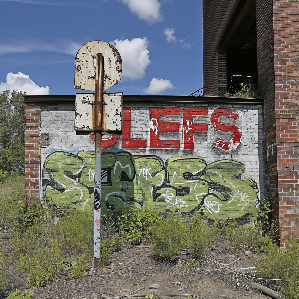 Graffiti word Slefs on abandoned factory