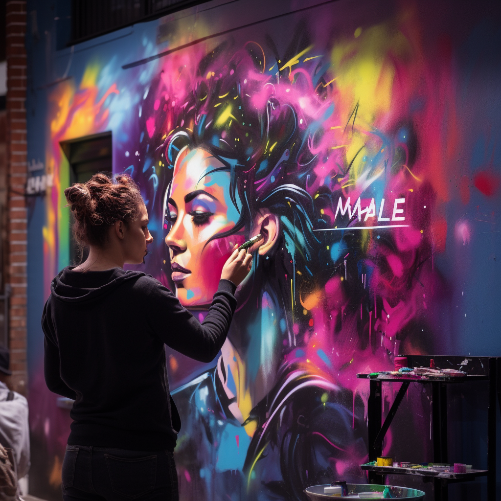 Neon graffiti art of a woman with leather jacket