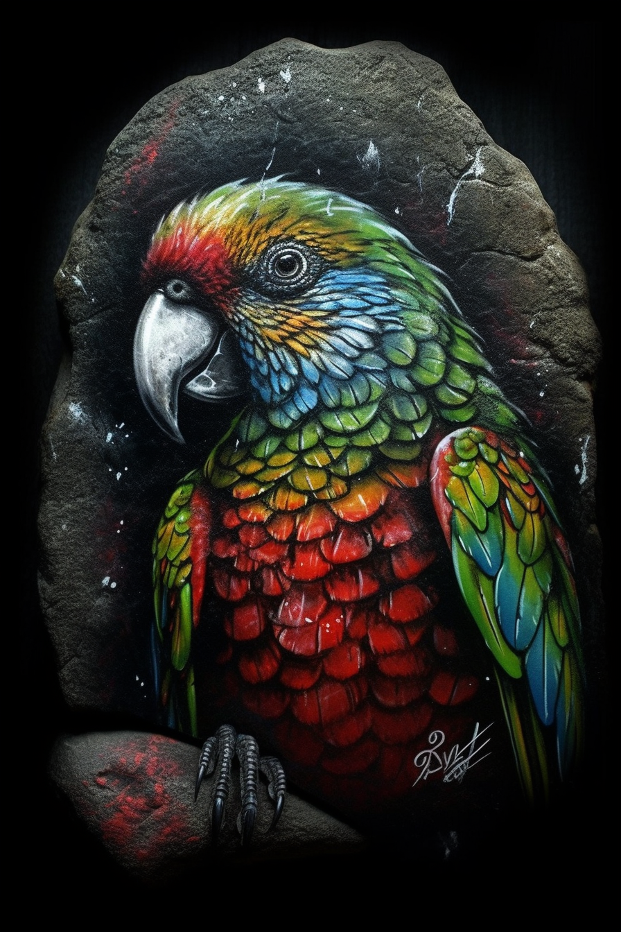 Graffiti parrot painted on stone wall