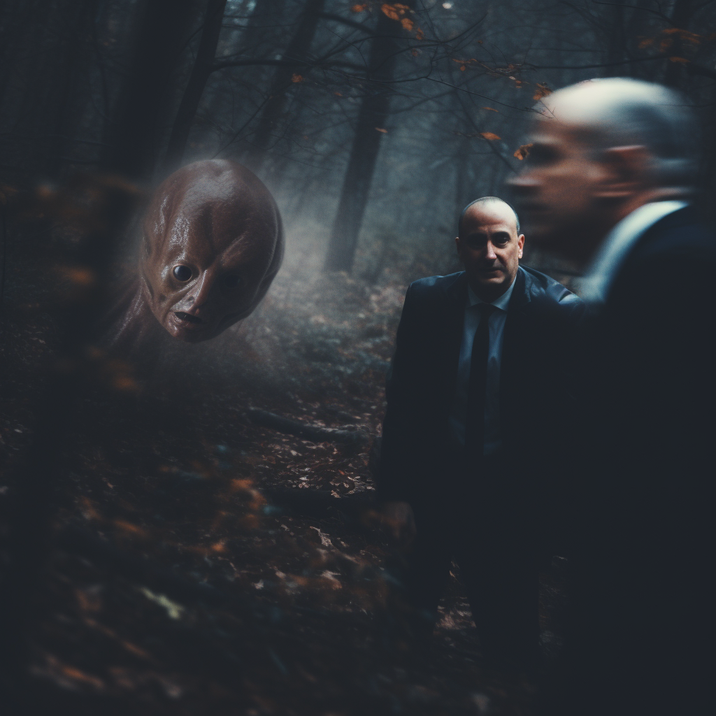 Dark forest with alien and Tony Soprano playing tag