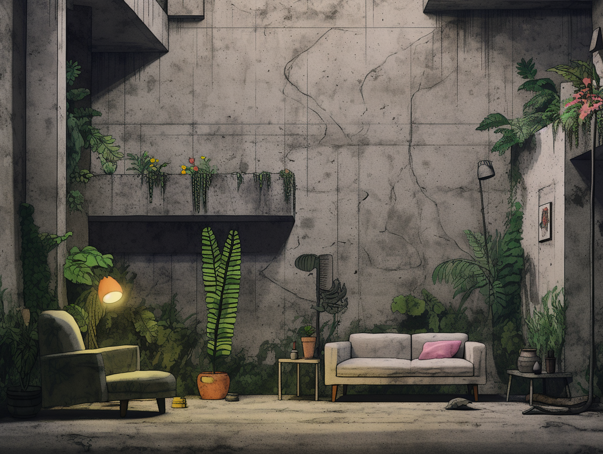 Grainy cement living room with tropical rainforest