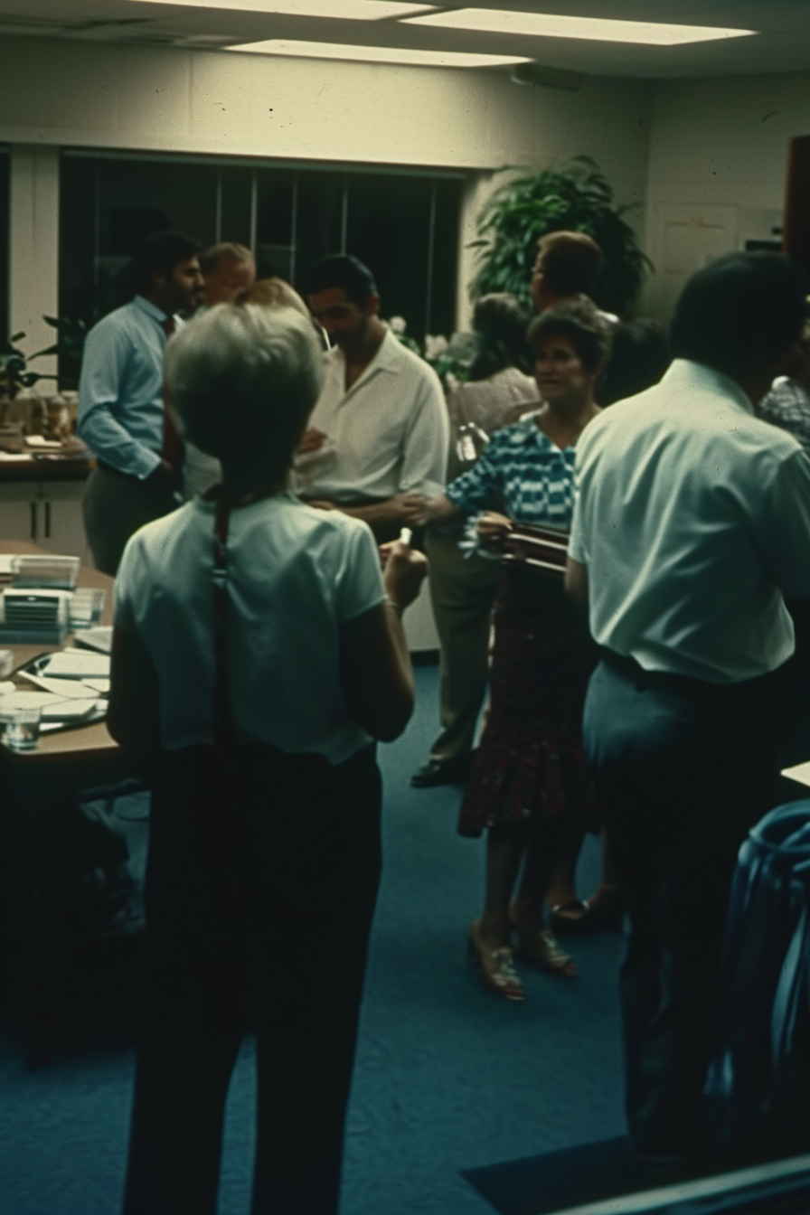 People enjoying a nostalgic 1981 office party