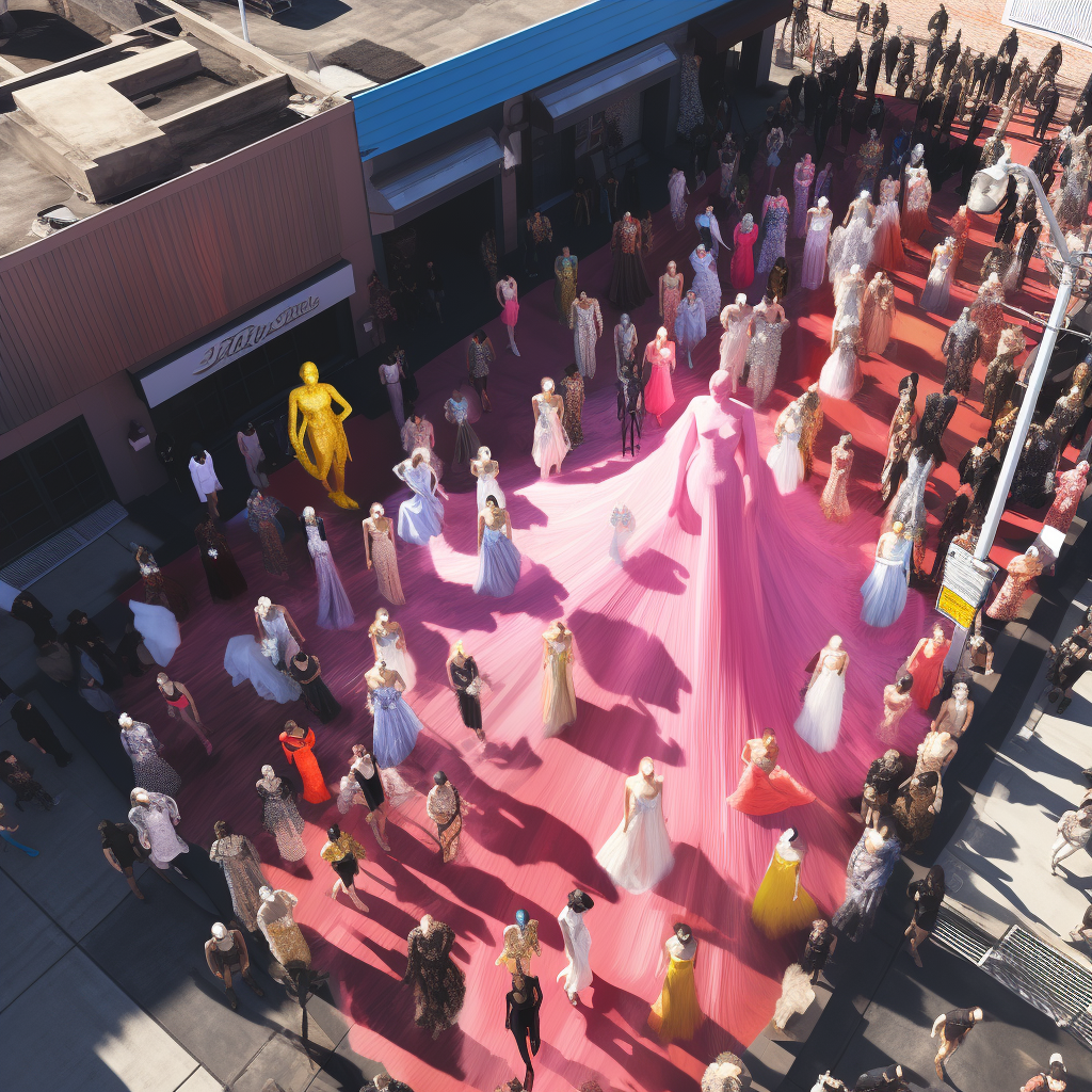 Aerial view of hyperrealistic Grammys red carpet