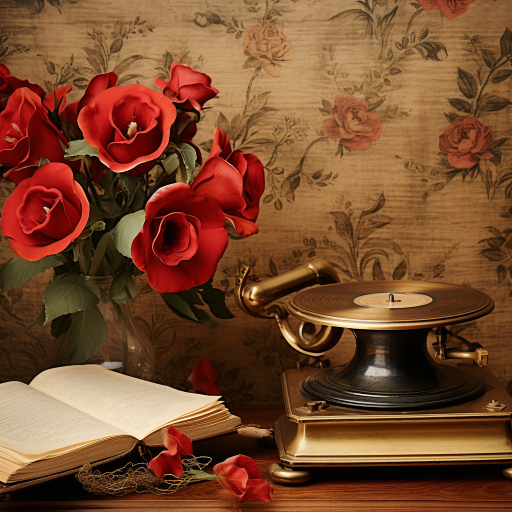 Vintage gramophone with red roses scrapbook background