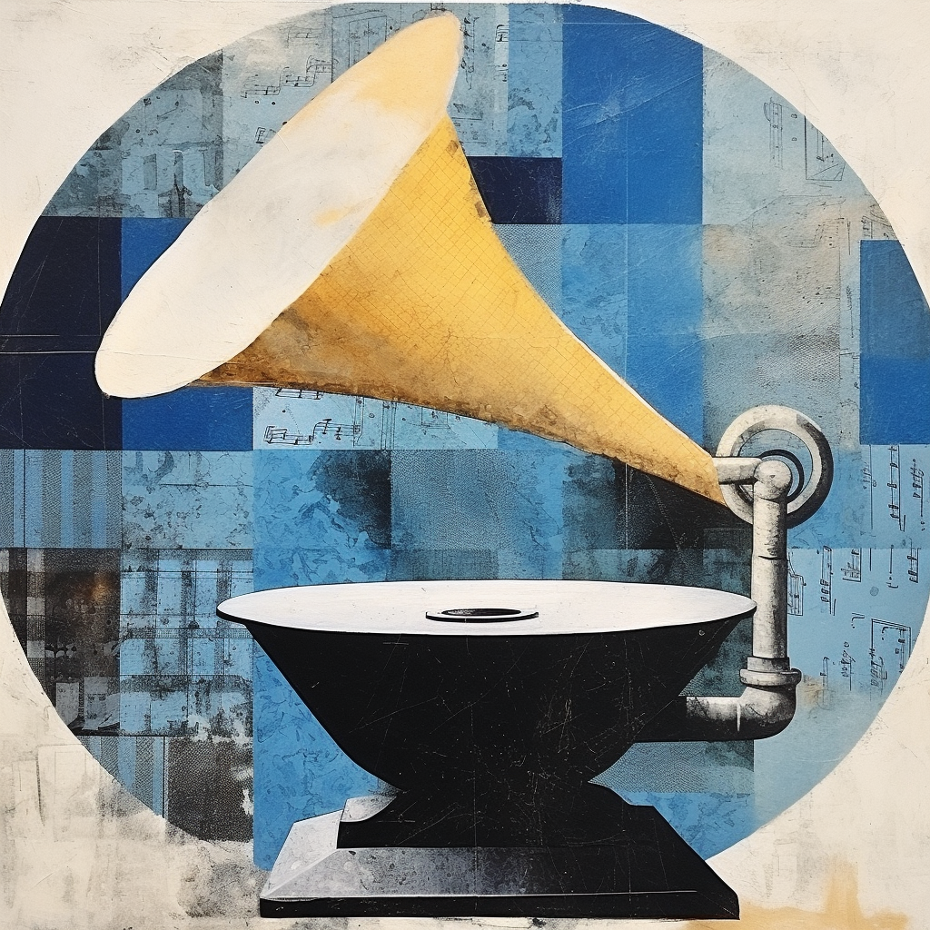 Gramophone made with paper and collage in blue