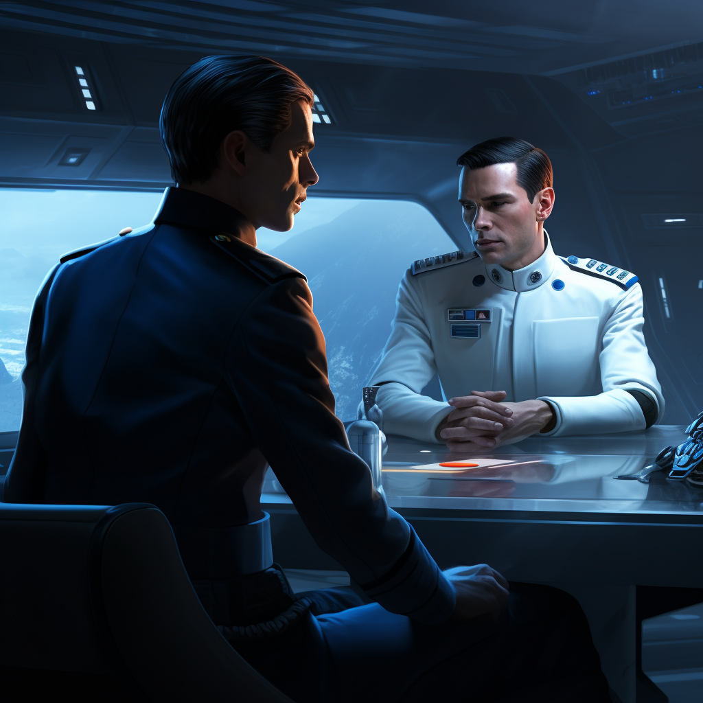 Grand Admiral Thrawn talking to Finn the Stormtrooper on Star Destroyer