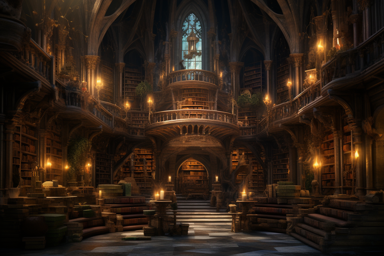 A magical scene inside the grand Candlekeep Library