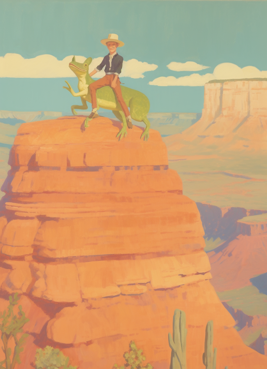 Boy cowboy hat riding giant frog at Grand Canyon