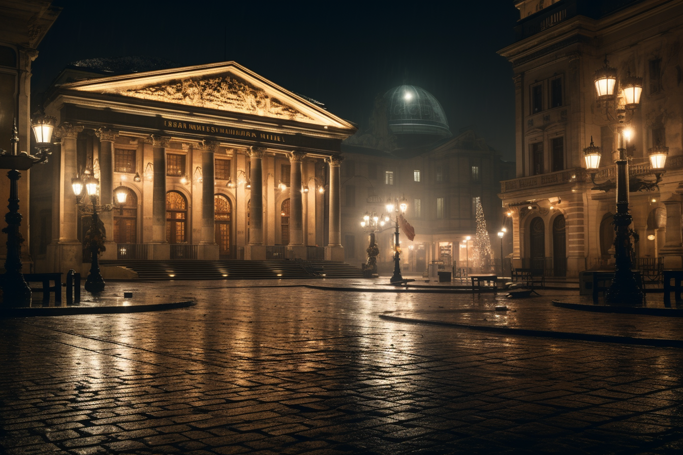 Beautifully detailed neoclassical city courtyard at night