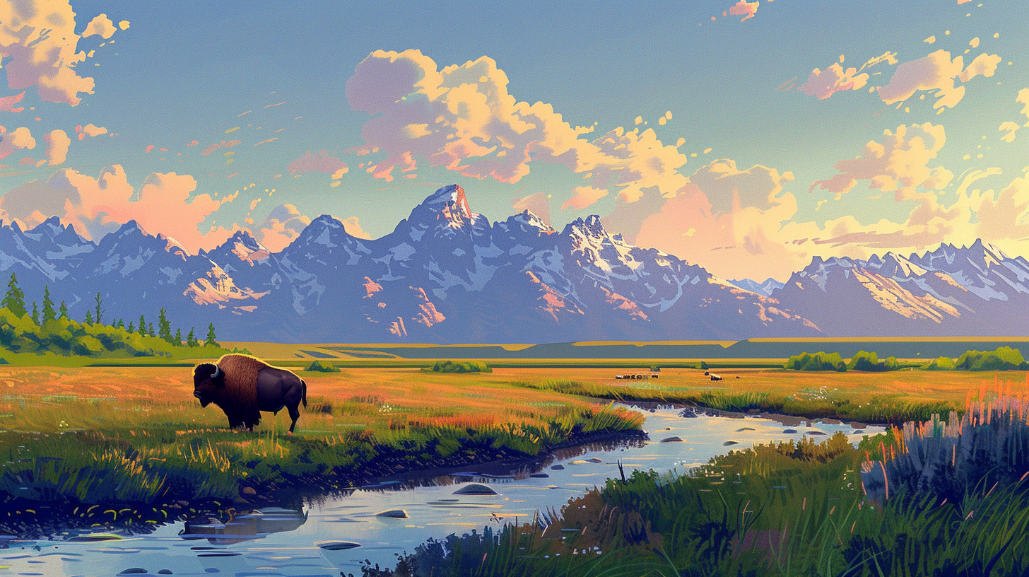 Grand Tetons Bison Landscape Scene