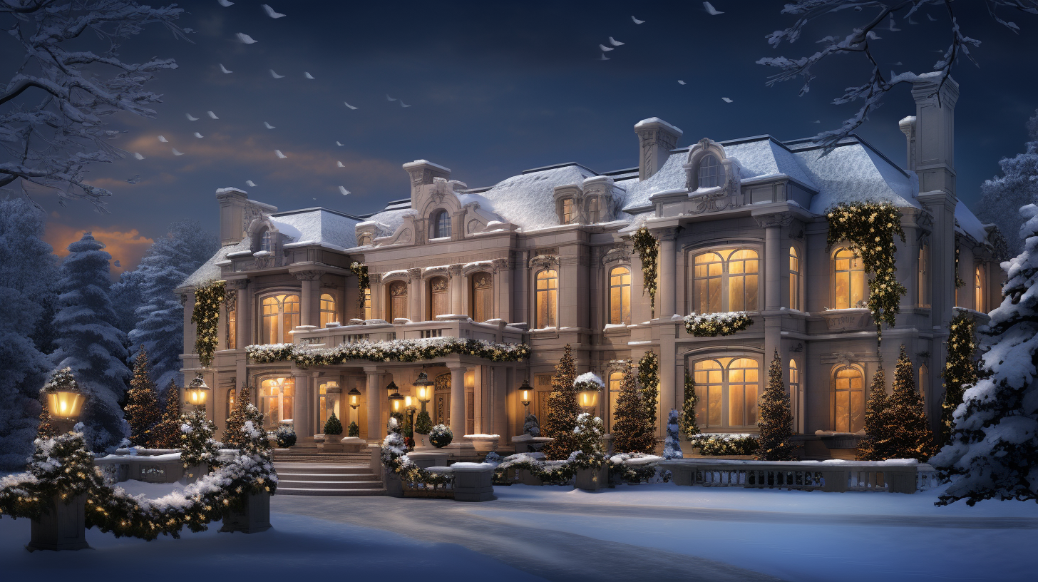 Luxurious winter night mansion view