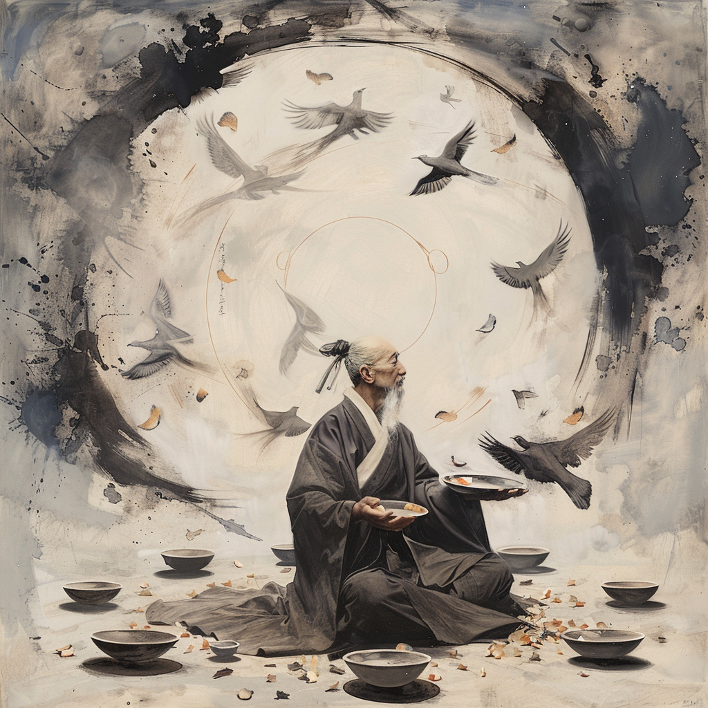 Zen master with flying dishes