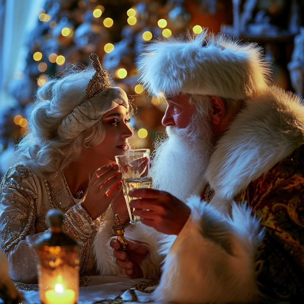 Grandfather Frost and Snow Maiden at New Year's Table